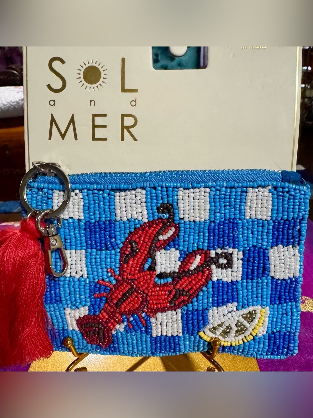 NWT Sol and Mer Beaded Gingham Lobster Coin Purse Pouch Keychain